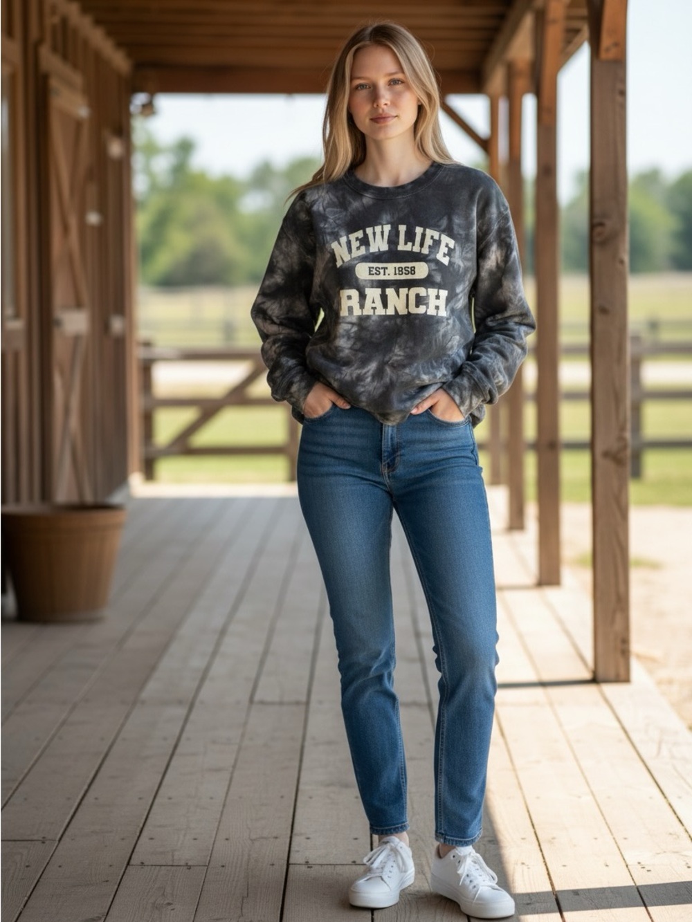 New Life Ranch Tie-Dye Sweatshirt - Black & Cream Lettering